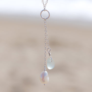 Aqua Blue Sea Glass + Baroque Pearl Necklace